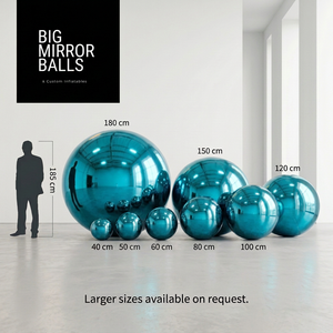 Aquamarine Blue mirror ball set, eight sizes from 40 to 180 cm.